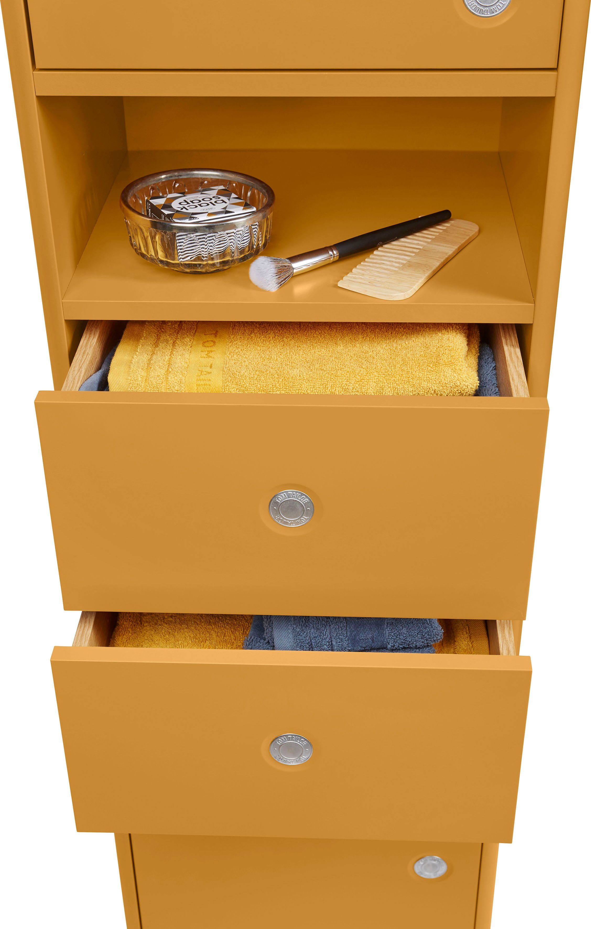 40 Schubladen, 2 2 mit mustard COLOR Hochschrank Breite Push-to-Open,Füße Türen Eiche, & BATH TAILOR cm mit HOME TOM