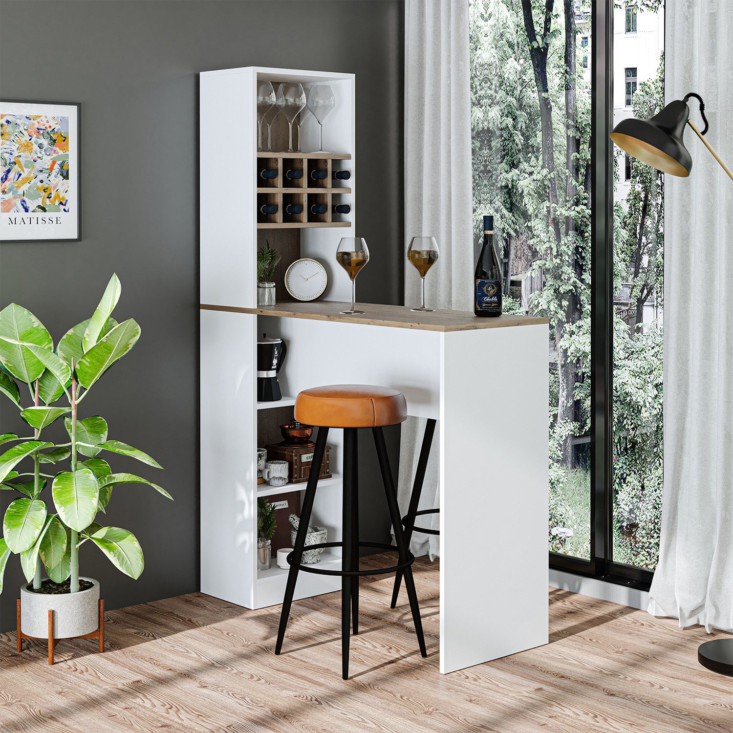 Roomart Bartisch Dublin Hausbar – Stehtisch mit Weinregal & Stauraum, 4 Farben (Bartisch Dublin – Stehtisch mit Weinregal & Stauraum in 4 Farben), •Weiß • Eiche • Weiß-Eiche • Anthrazit-Eiche