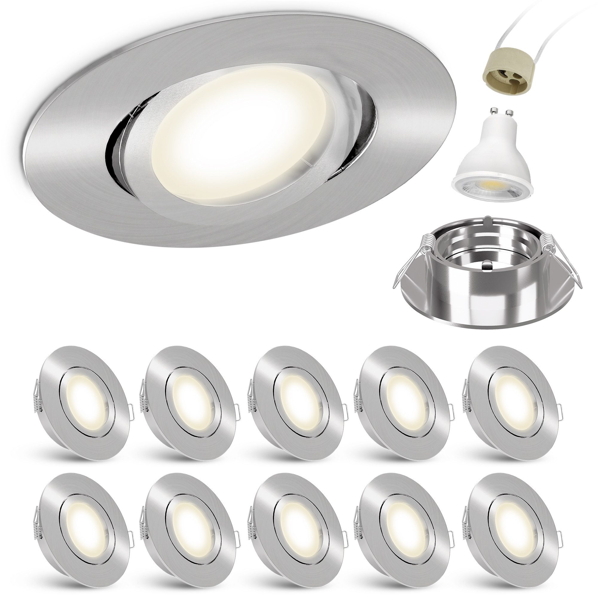 linovum LED Einbaustrahler 10x LED Einbaustrahler neutralweiß GU10 3W 230V silber Einbauspot, Neutralweiß