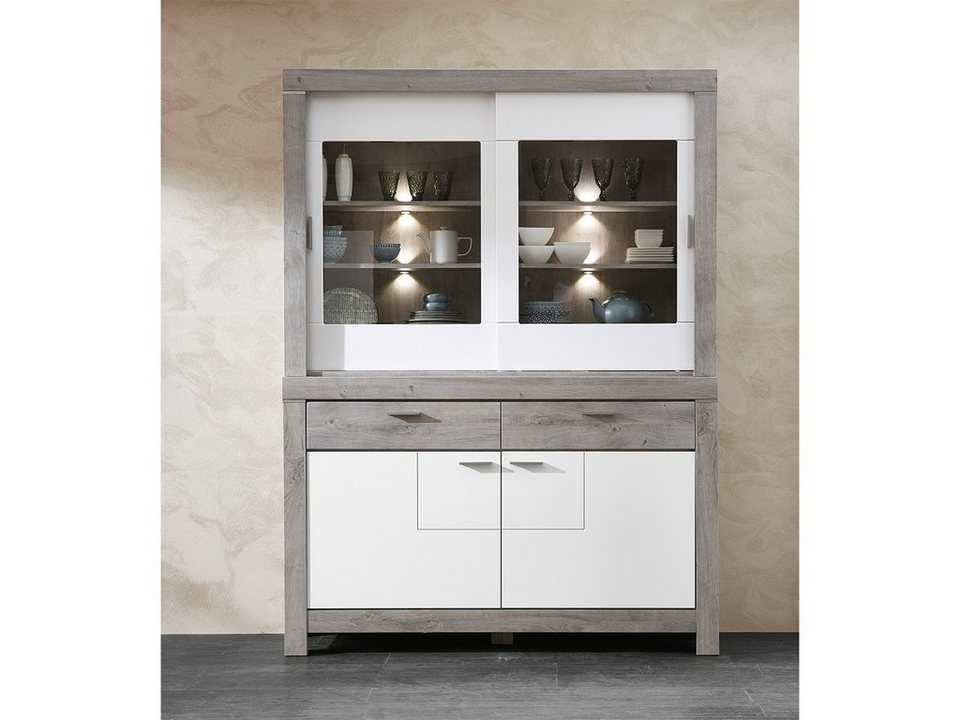 möbelando Buffet Gravesend Modernes Buffet in Haveleiche Nachbildung / Lack  Laminat Weiß supermatt, Korpus aus Spanplatte, Front aus MDF bestehend aus  1 Sideboard und 1 Buffet-Aufsatz, inkl. LED-Beleuchtung. Breite 156 cm, Höhe