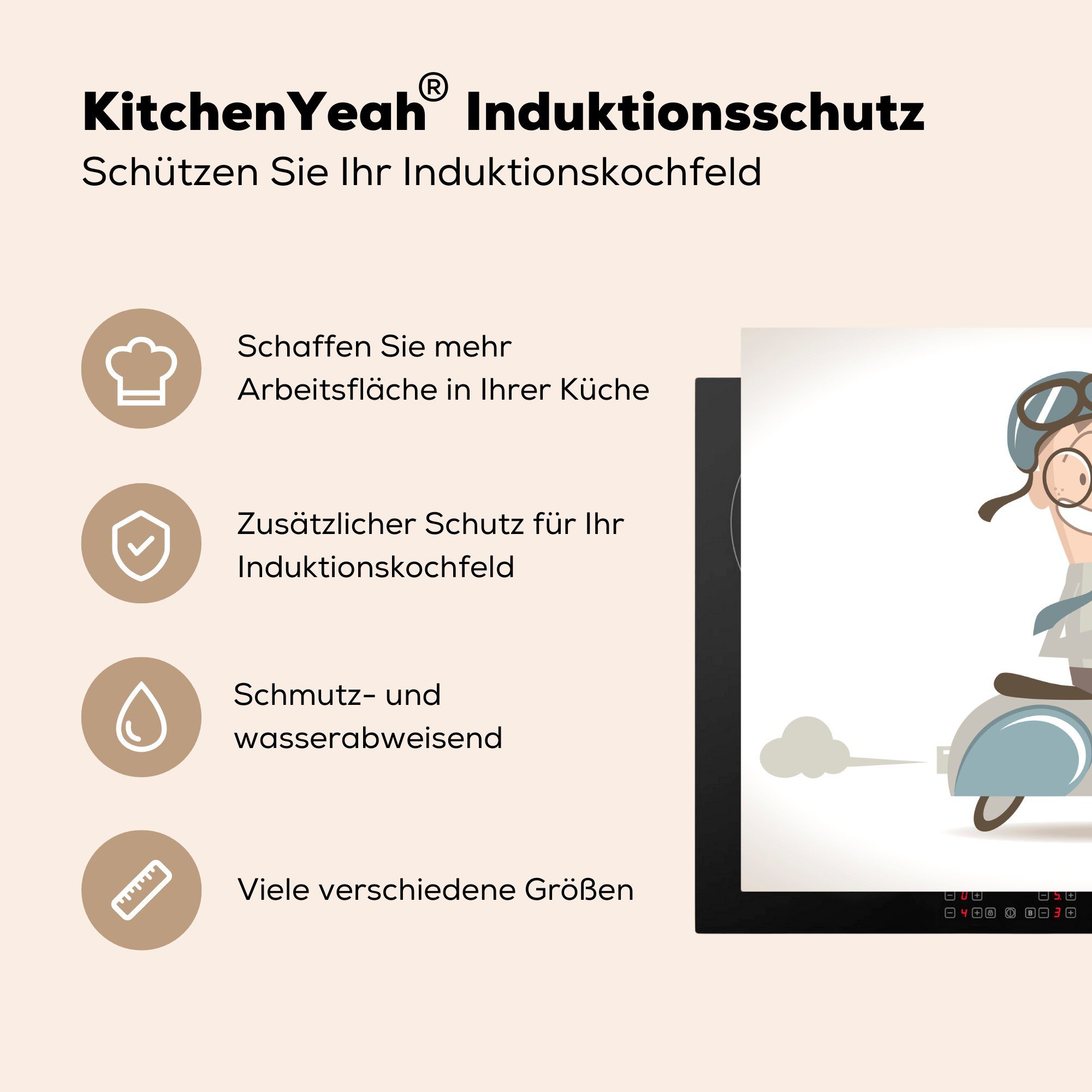 seinem mit eines Herdblende-/Abdeckplatte Jungen Vinyl, Arbeitsfläche Illustration MuchoWow Mobile (1 Eine 60x52 Motorroller, tlg), Ceranfeldabdeckung cm, glücklichen nutzbar,