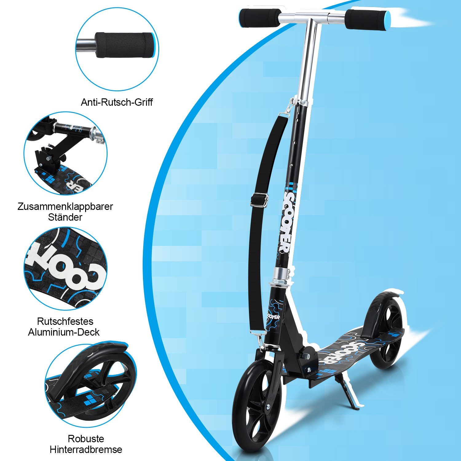 Lospitch Cityroller Kinderoller Scooter Klappbarer Höhenverstellbar Kinderscooter Schwarz-Blau