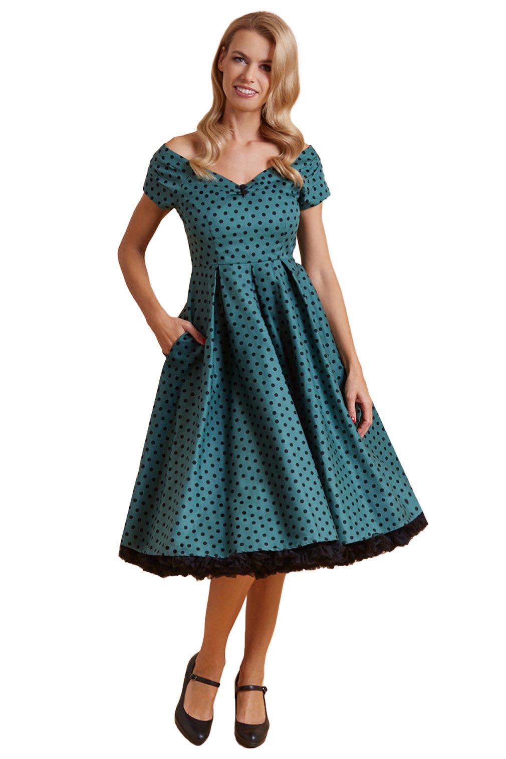 Dolly and Dotty A-Linien-Kleid Lily Dark Green Polka Dot Off-Shoulder Vintage Retro