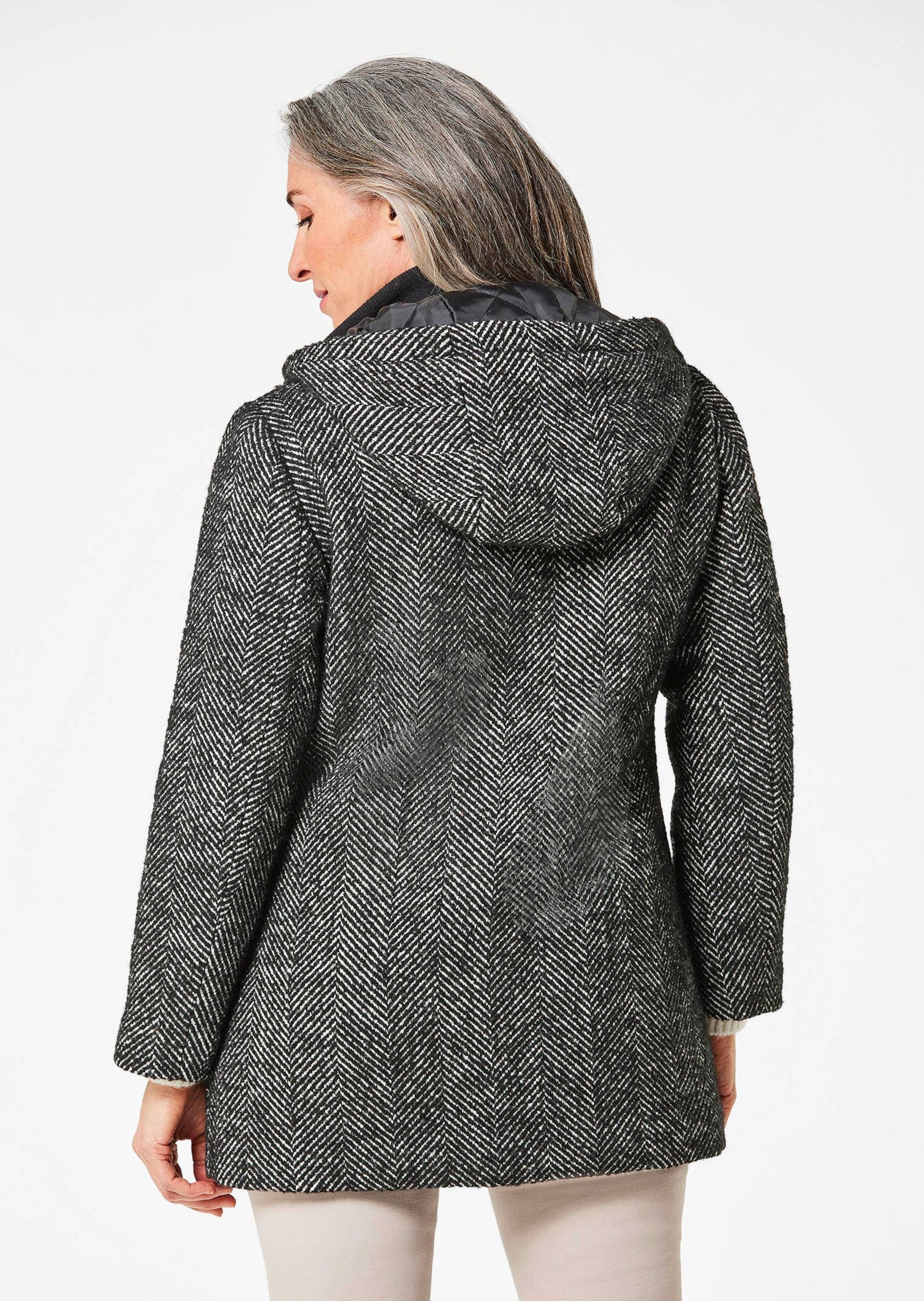 GOLDNER Jerseyblazer Kurzgröße: Wollmantel mit Fischgräten-Muster Kapuzenmantel mit Stehkragen, 2-Wege-Zipper, Langarm
