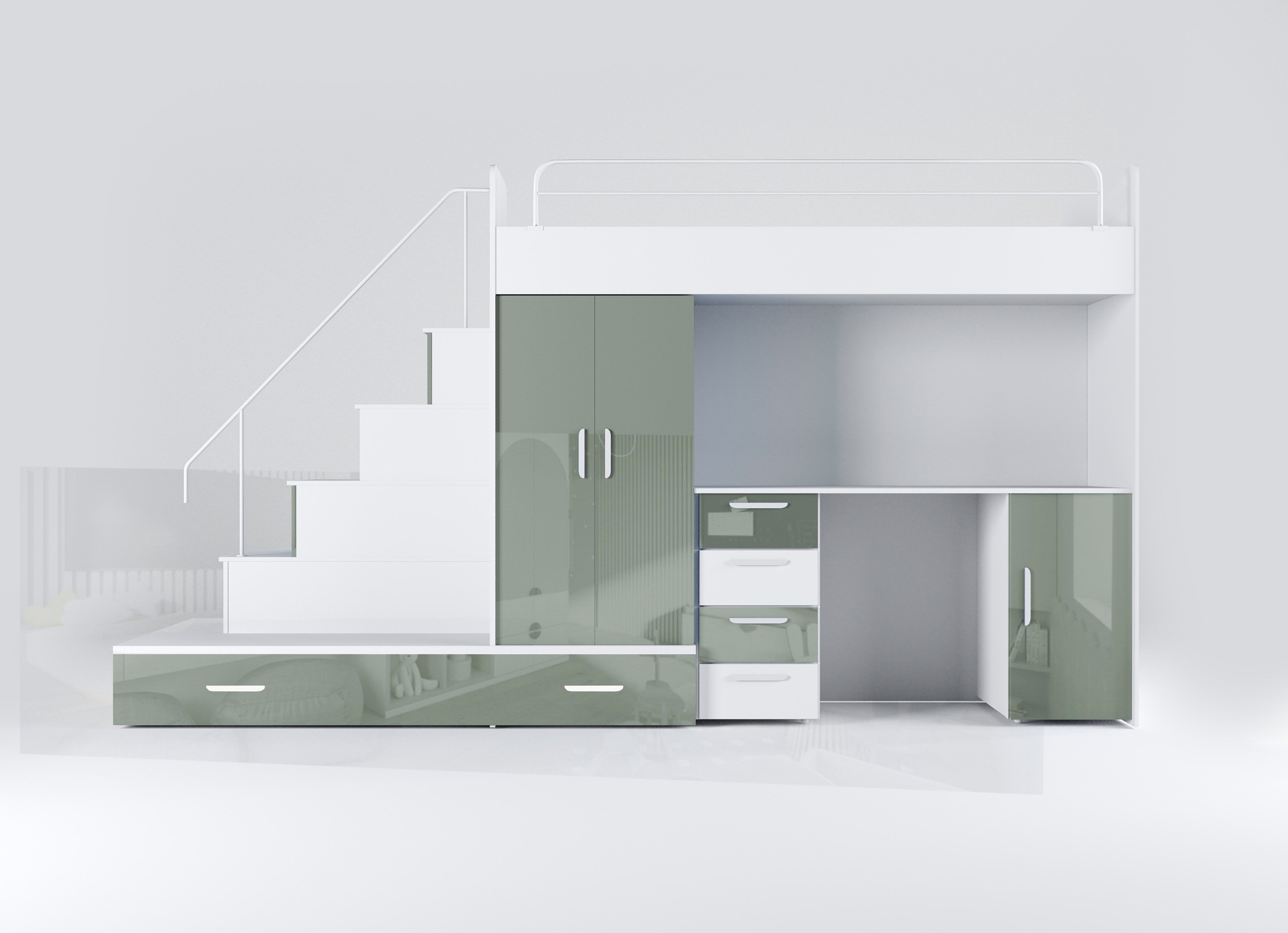 Luxusbetten24 Hochbett Kinderhochbett Adventure mit Schreibtisch, Kleiderschrank und Staufächern