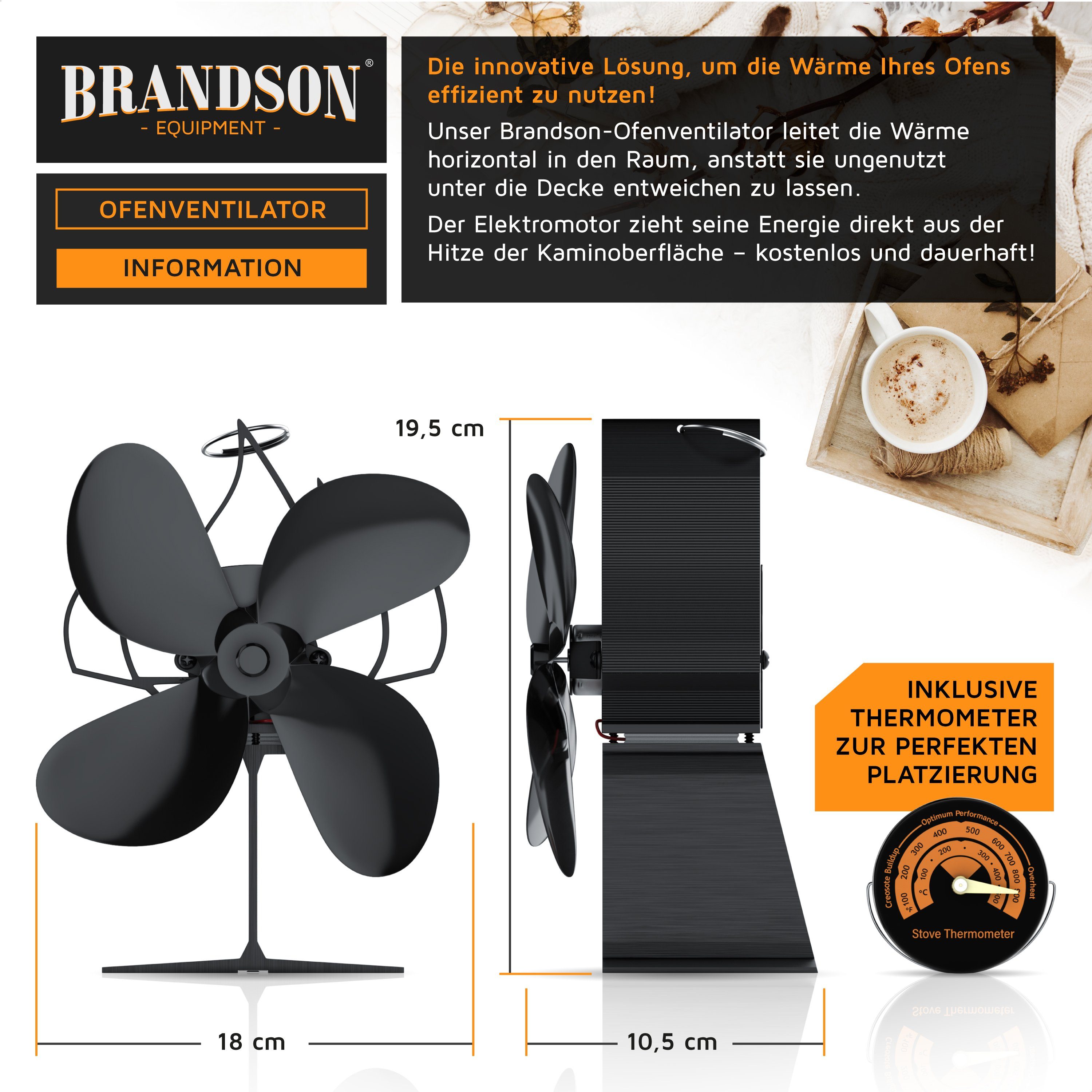 Brandson Kaminventilator Ofenventilator inkl. Thermometer, 4 günstig online kaufen