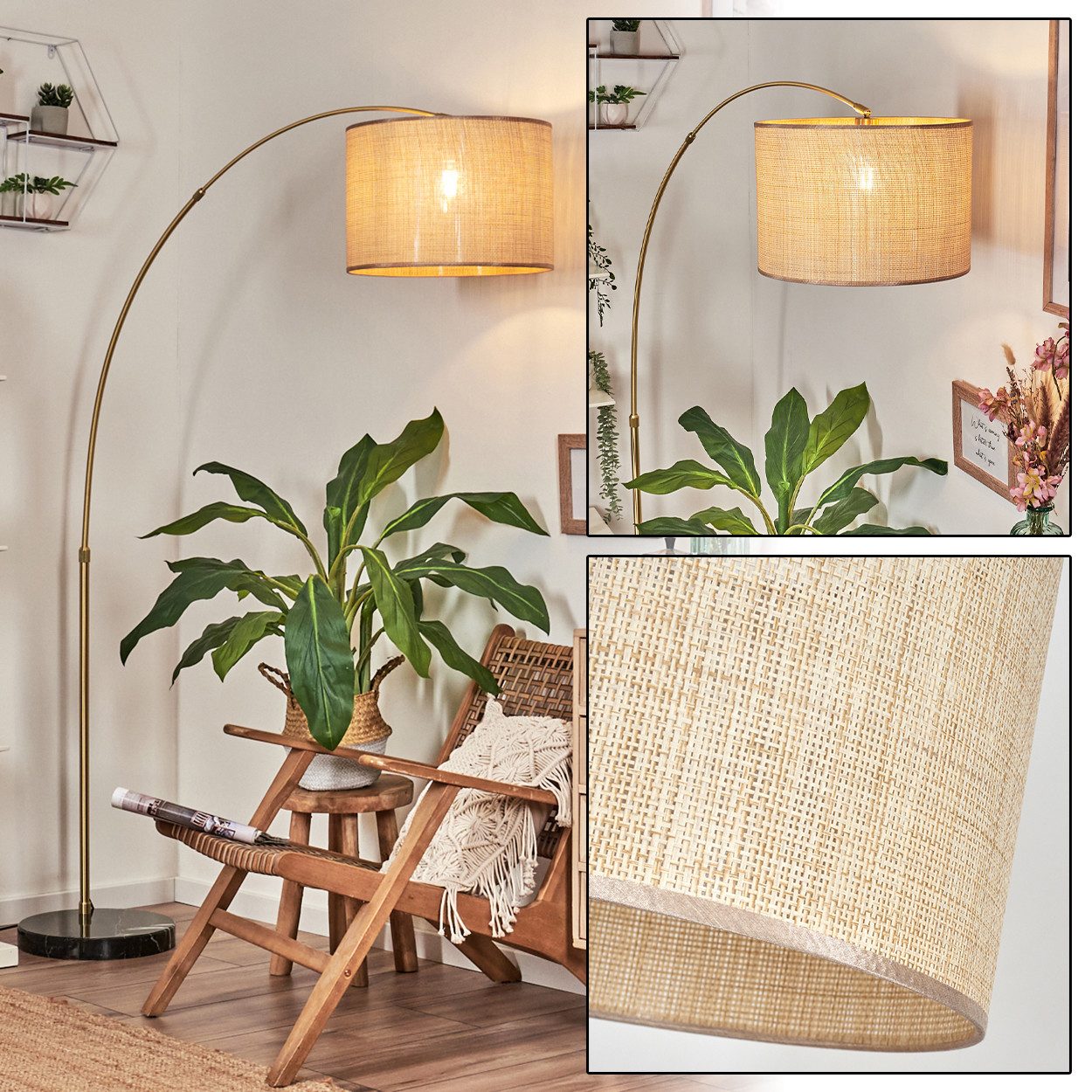hofstein Bogenlampe Stehlampe Metall/Papiergeflecht/Stoff in Schwarz/Messing/Natur/Braun, Stehleuchte im Boho-Design mit Marmorfuß u. Fußschalter (40 cm), E27