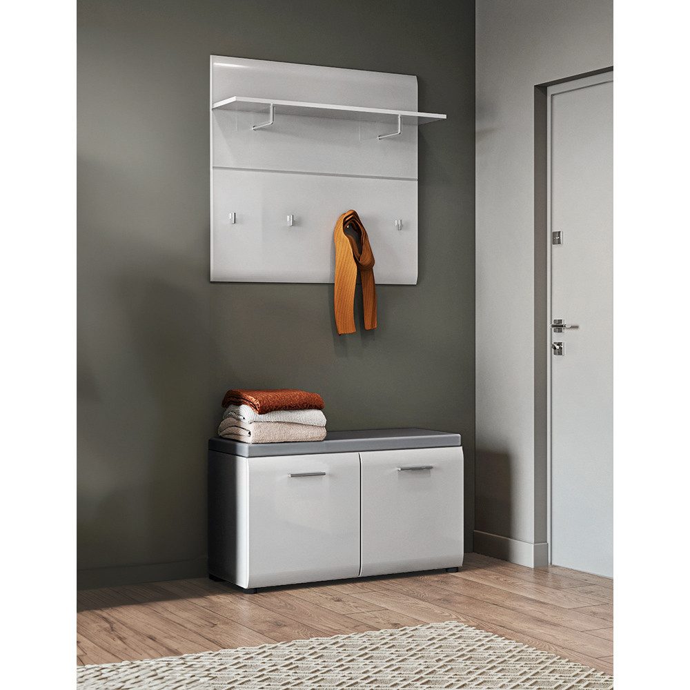 Lomadox Garderoben-Set MALABO-129, (Spar-Set, 2-St), Garderobenpaneel und Schuhbank inkl. Sitzkissen in weiß Hochglanz