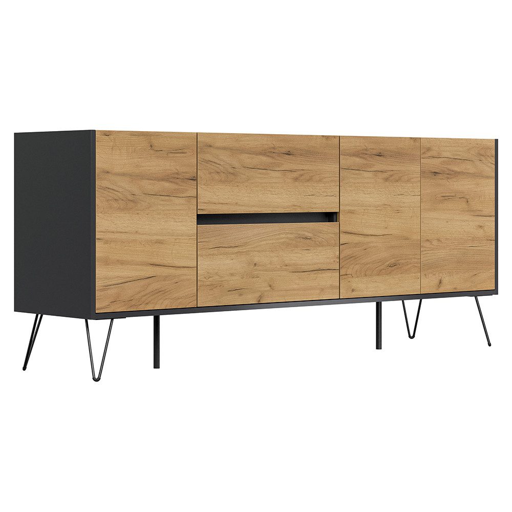 Lomadox Sideboard INDIANAPOLIS-02, 177cm breit, graphit mit Eiche, grifflos