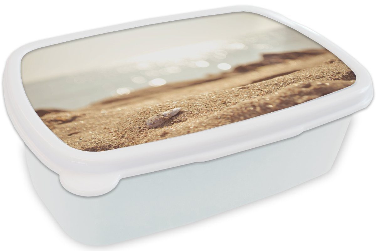 MuchoWow Lunchbox Strand - Sand Brotbox Brotdose, Kinder und Kunststoff, Erwachsene, (2-tlg), und für Jungs weiß Mädchen - Muschel, für