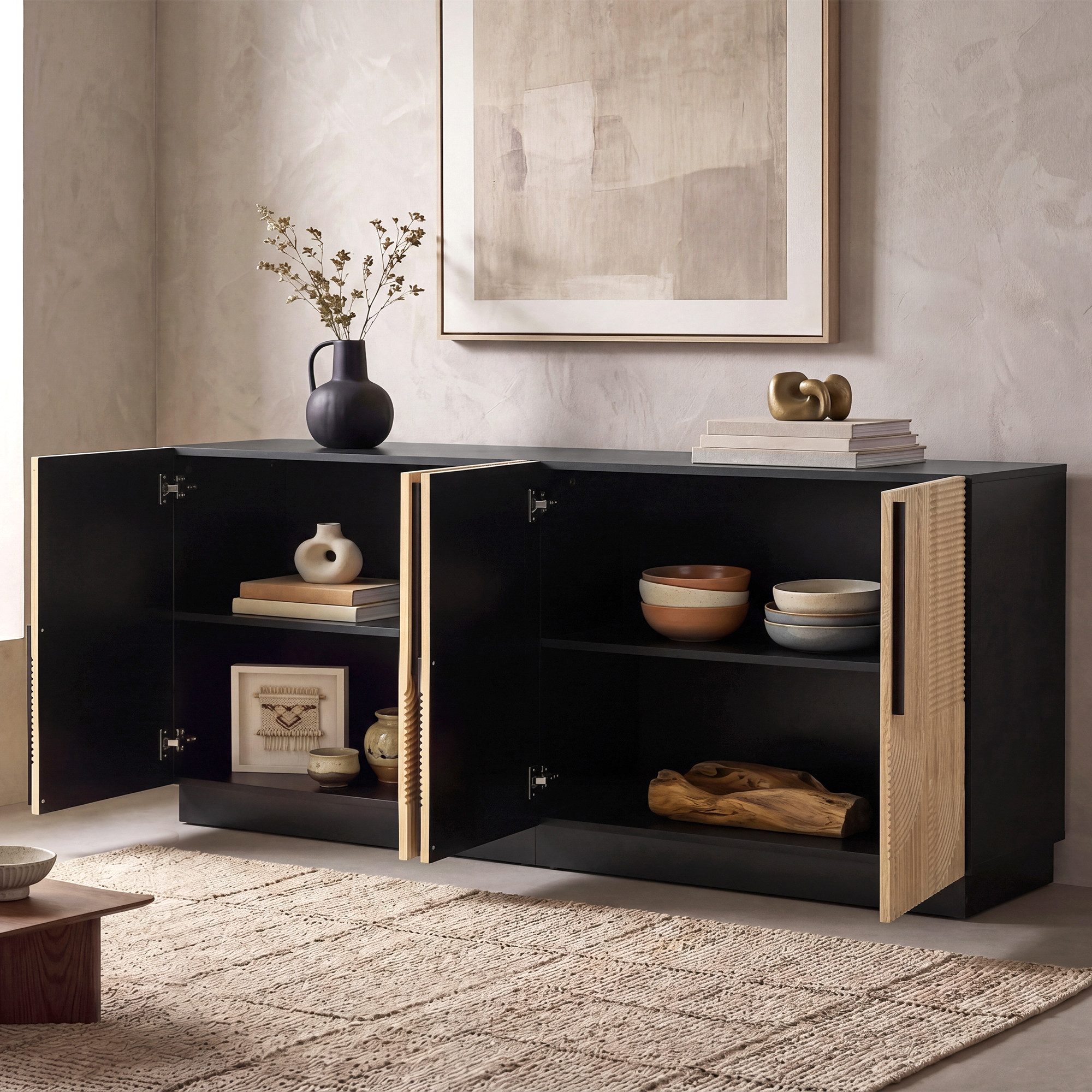 Merax Sideboard mit Relieffront, Wohnzimmerschrank Flurschrank Esszimmerschrank (1 St), Kommode mit 4 Türen, Metallgriffe & Stauraum, 160x42x76cm