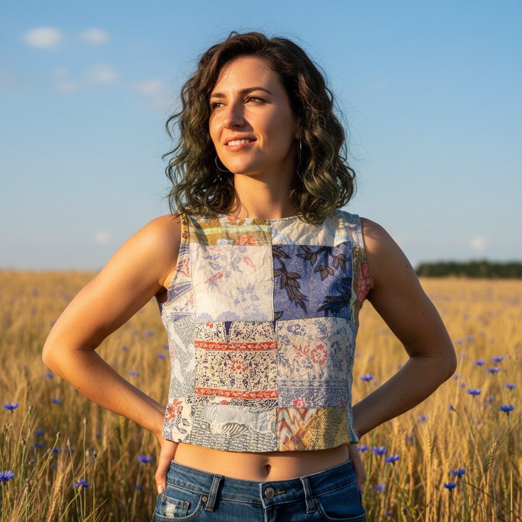 Guru-Shop T-Shirt Boho Patchwork Sommertop, upcycling Damentop,.. Ethno Style, alternative Bekleidung