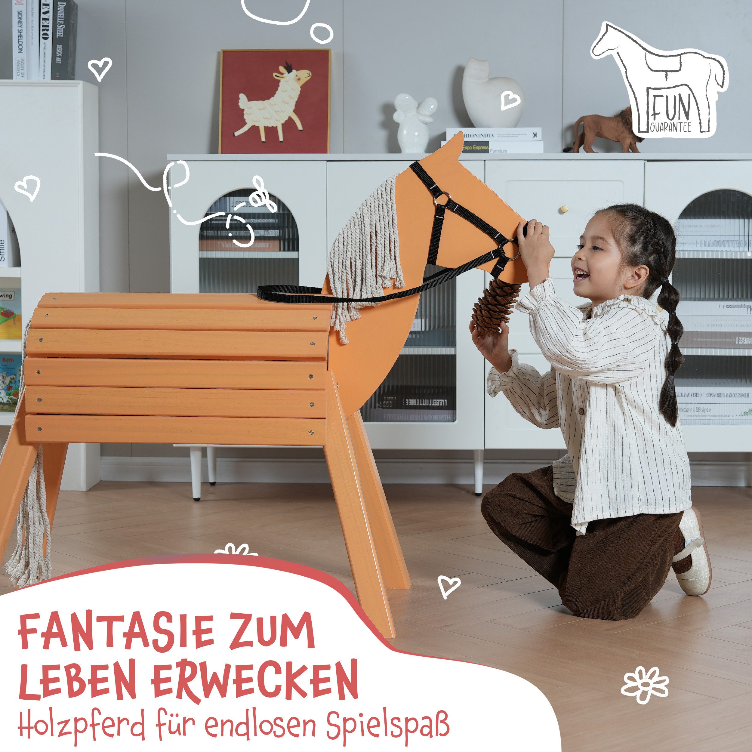 Pink Papaya Holzpferd Reitpferd aus Holz für Kinder, Holzpferd mit Mähne und Schweif, langlebig und wetterfest, fördert Kreativität und Motorik