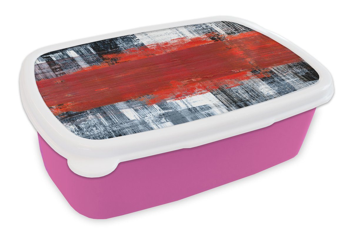 MuchoWow Lunchbox Gemälde - Abstrakt - Rot - Öl, Kunststoff, (2-tlg), Brotbox für Erwachsene, Brotdose Kinder, Snackbox, Mädchen, Kunststoff rosa