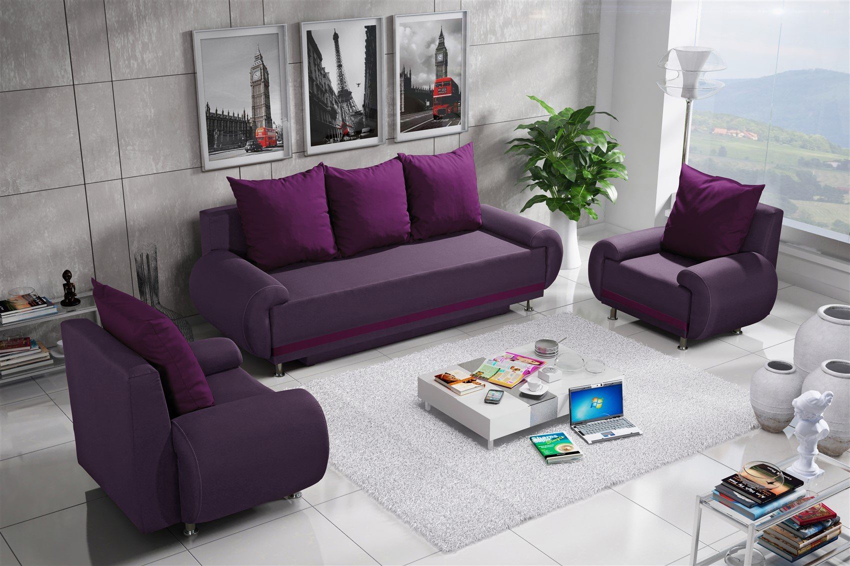 Fun Möbel Sessel Clubsessel erhältlich) 1 auch (inkl. als Sofa oder 3-1-1-Set MIKA Rückenkissen, Violett 3er