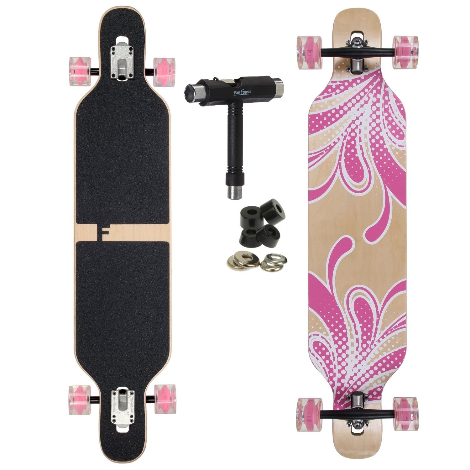 FunTomia Longboard Longboard in 3 Flex Stufen Camber Ahornholz + T-Tool mit LED Rollen, Camber Twin Tip