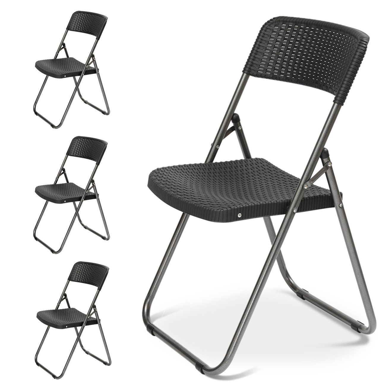 Sekey Klappstuhl Gartenstuhl Polyrattan, Faltstühle klappbar, Campingstuhl Wasserdicht (4, 4 St), für 4 Personen, bis 150/200 kg belastbar, Schwarz, Rattan-Optik