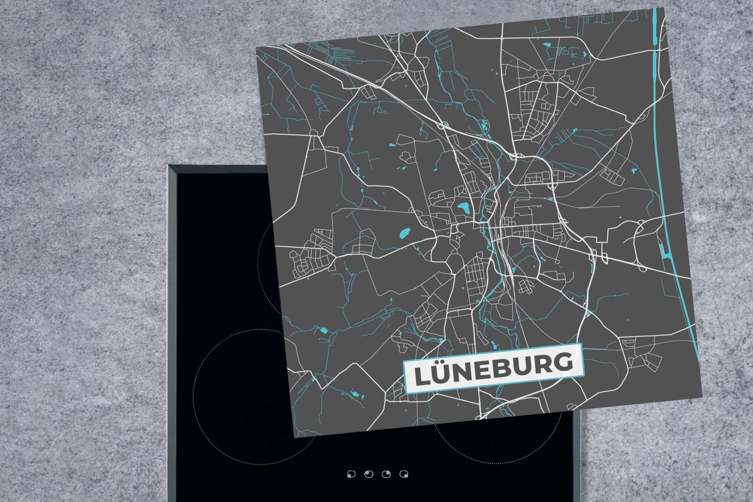 MuchoWow Herdblende-/Abdeckplatte - Ceranfeldabdeckung, Arbeitsplatte Karte, Deutschland tlg), (1 - Lüneburg 78x78 cm, Vinyl, Stadtplan - für küche