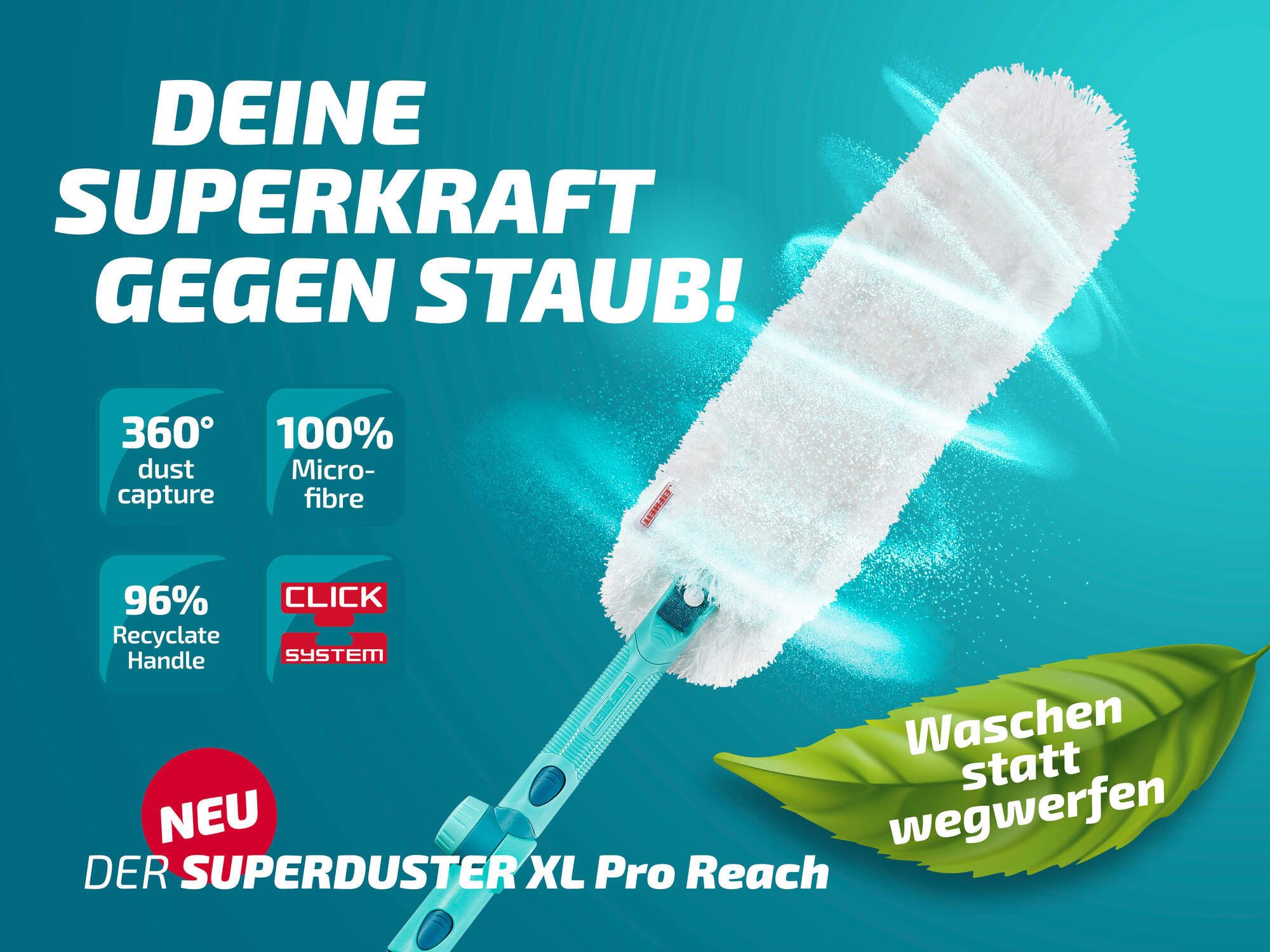 Leifheit Staubwischer Set SUPERDUSTER XL Pro Reach (4-St), langlebig, Click-System, ideal für Reinigung höherer Stellen