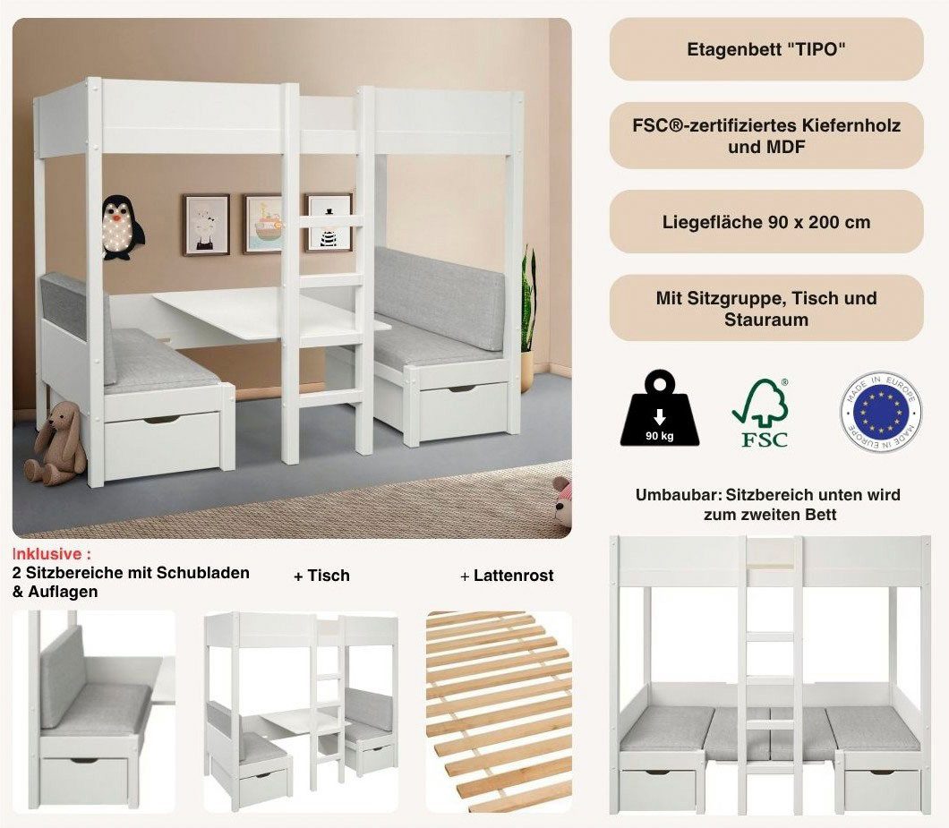 Lüttenhütt "TIPO" Bunk Bed, Top Seller! Includes lower mattress, 90x200cm, plenty of storage space, solid wood, includes table, 2 drawers, 2 sleeping places