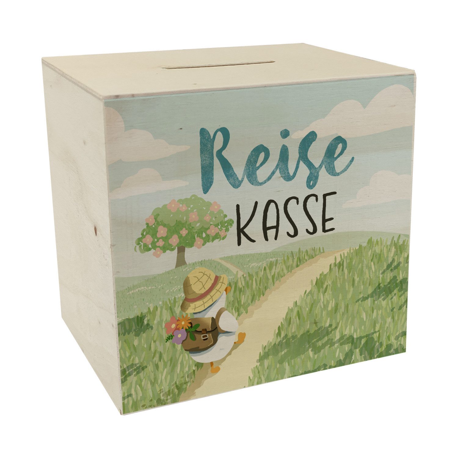 Spardose Ente auf Reisen Spardose aus Holz mit Spruch Reisekasse