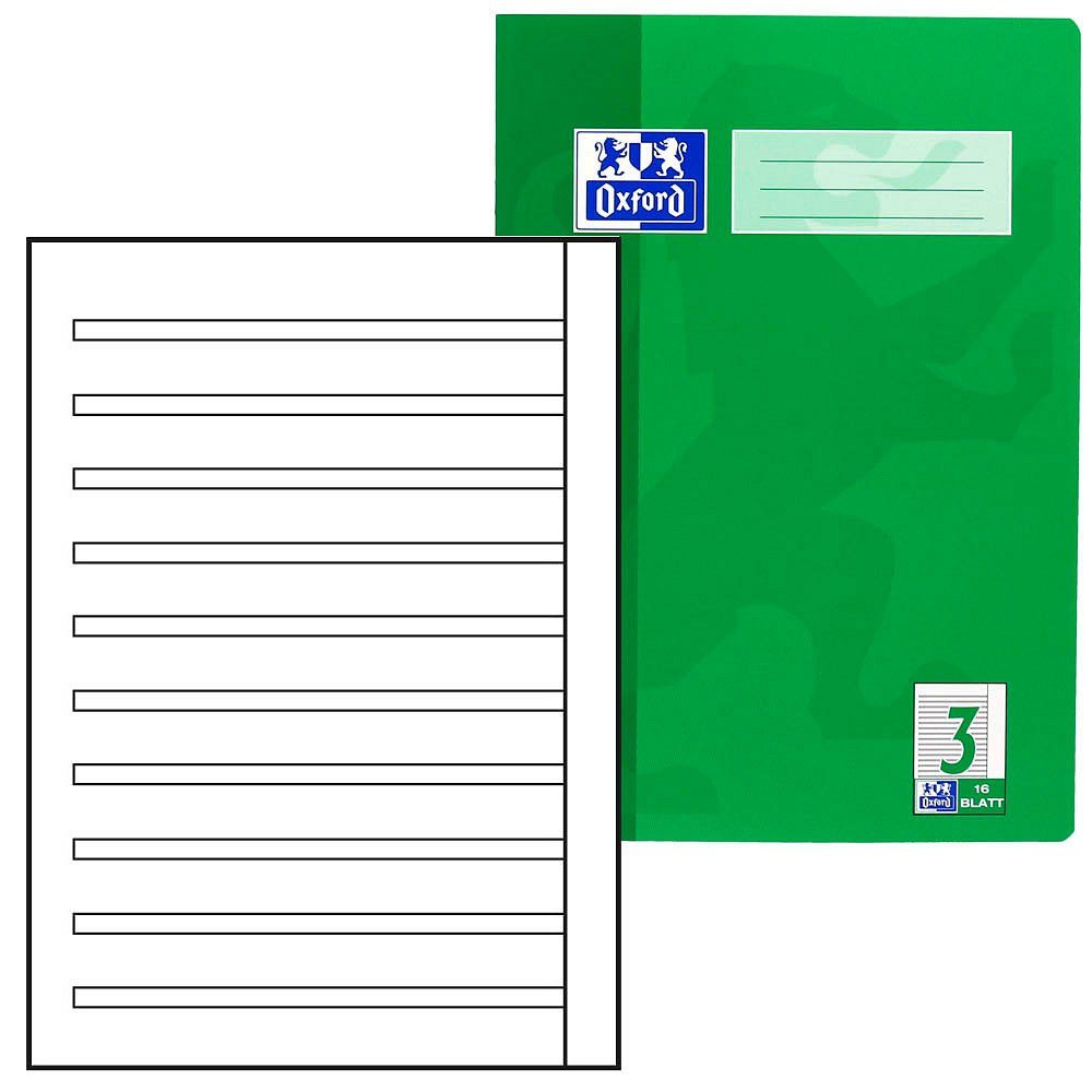 OXFORD Schulheft 1 Schreibheft A4 liniert mit Außenrand 16 Blatt grün Lineatur 3, DIN A4; Lineatur 3