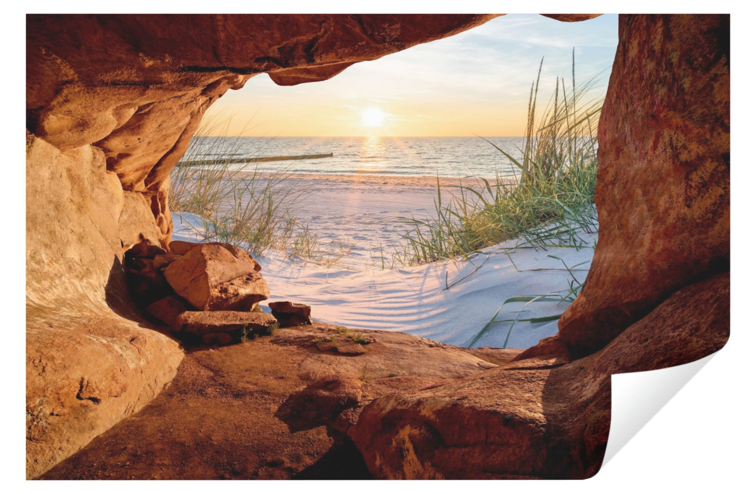 Wallarena Fototapete 3D EFFEKT Strand Höhle Meer Nordsee Panorama Wohnzimmer Schlafzimmer, Glatt, 3D-Optik, Tapete inklusive Kleister Vliestapete Motivtapete