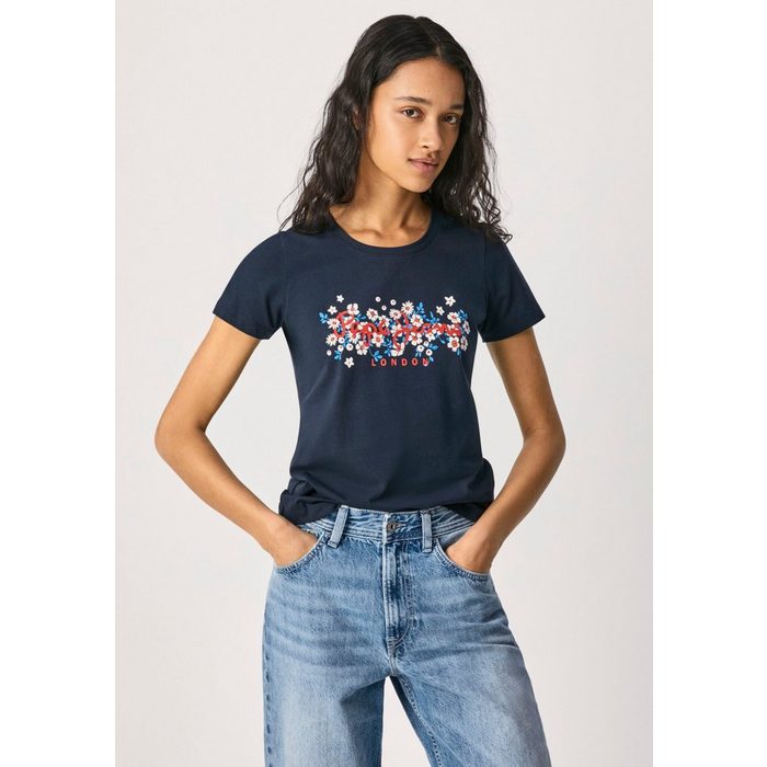 Pepe Jeans Kurzarmshirt BEGO mit floralem Marken-Logo-Print im Brustbereich