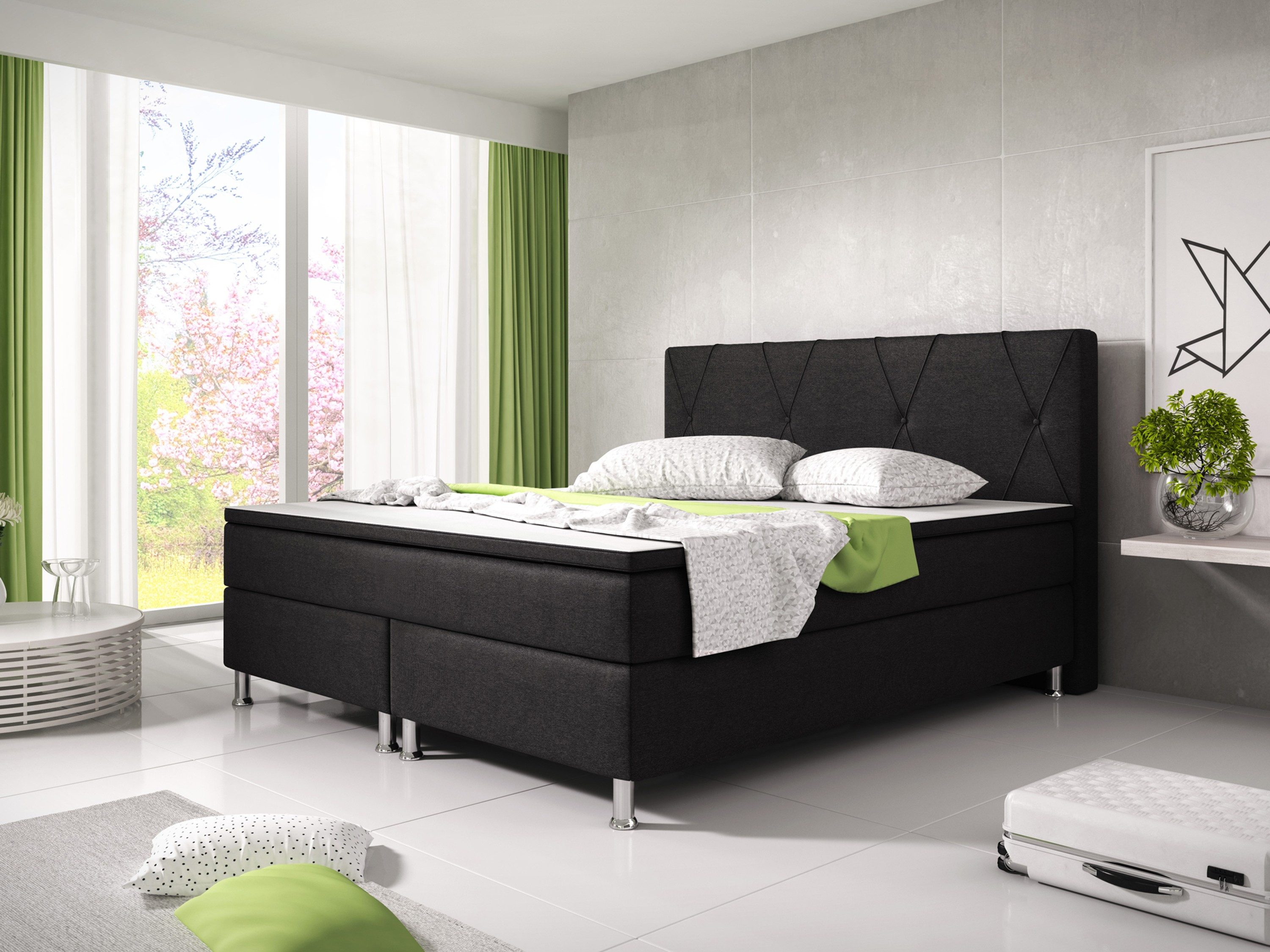 inter Boxspringbett Boston 180x200 cm Webstoff mit 7 Zonen Taschenfedernkern und Topper (180x200 cm, Schwarz mit 7 Zonen Taschenfedernkernmatratzen und Topper), Taschenfederkern-Komfort, gepolstertes Kopfteil, inklusive Matratzen
