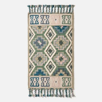 Wollteppich Handgewebter Kelim Teppich Matala – 90 x 150 cm, blau-grün gemustert, Homescapes, Höhe: 20 mm