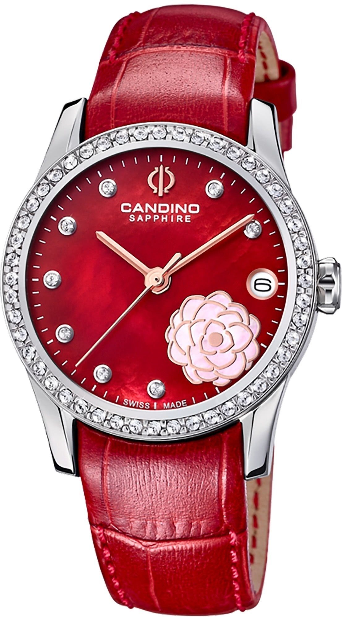 Candino Quarzuhr Candino Damen Armbanduhr Elegance, (Analoguhr), Damen Armbanduhr rund, Lederarmband rot, Fashion