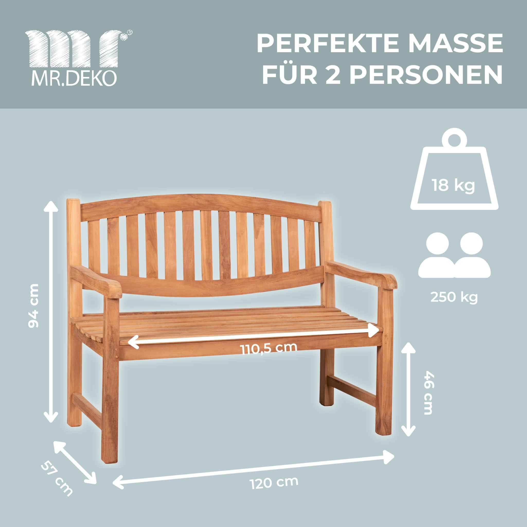 MR.DEKO Gartenbank Bradford – Teakholz Bank 2-Sitzer, geschwungene Rückenlehne (2-Sitzer Bank, zerlegt geliefert, ideal für Terrasse, 1-St), Massive Sitzbank Garten und Balkon, 250 kg belastbar