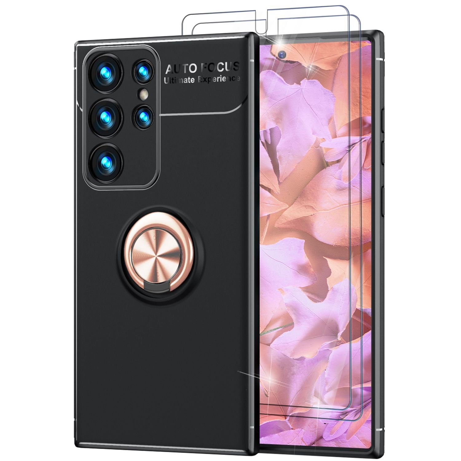 Nalia Smartphone-Hülle Samsung Galaxy S23 Ultra, Matte Ring Silikon Hülle / 2x Displayschutz / 360° Ring / Aufsteller