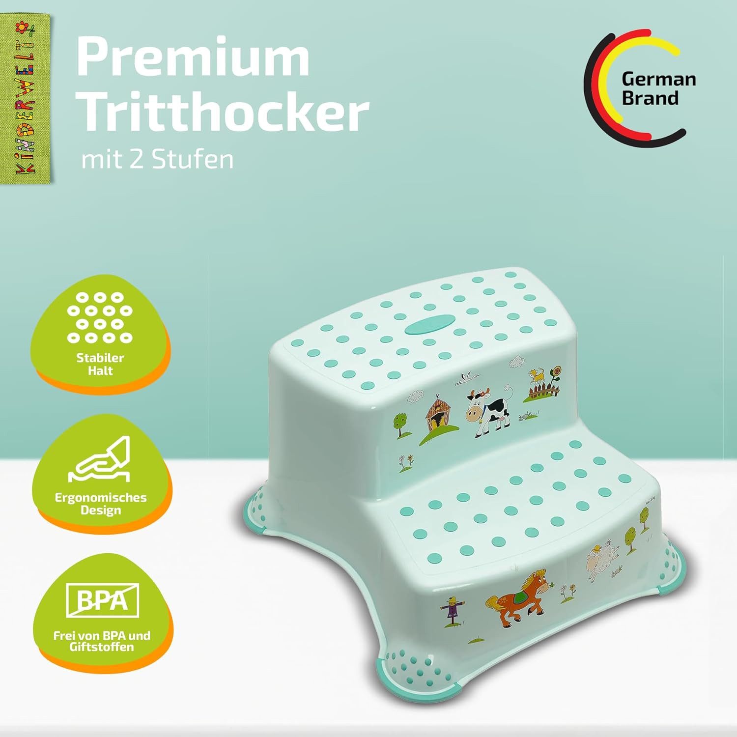 KiNDERWELT Tritthocker Premium zweistufiger Hocker Funny Farm aquamarin günstig online kaufen