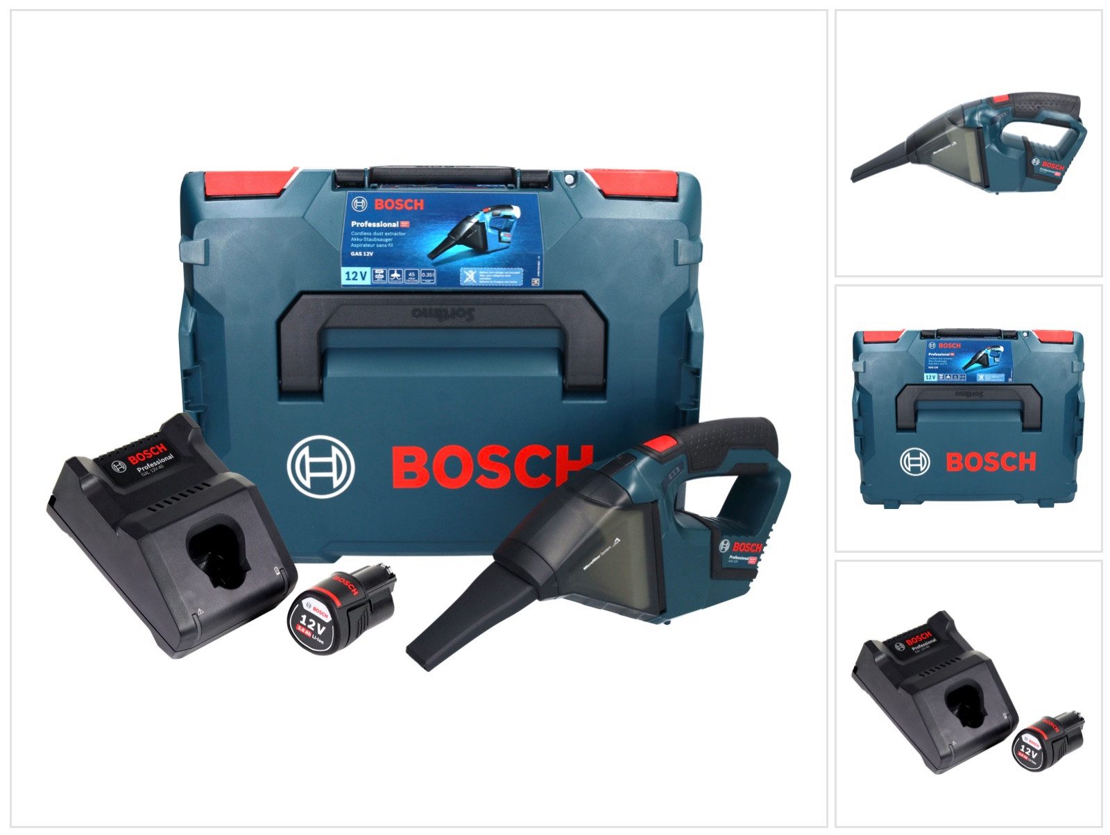 Bosch Professional Akku-Handstaubsauger GAS 12V Professional Akku Staubsauger 12 V 0,35 l + 1x Akku 3,0 Ah +