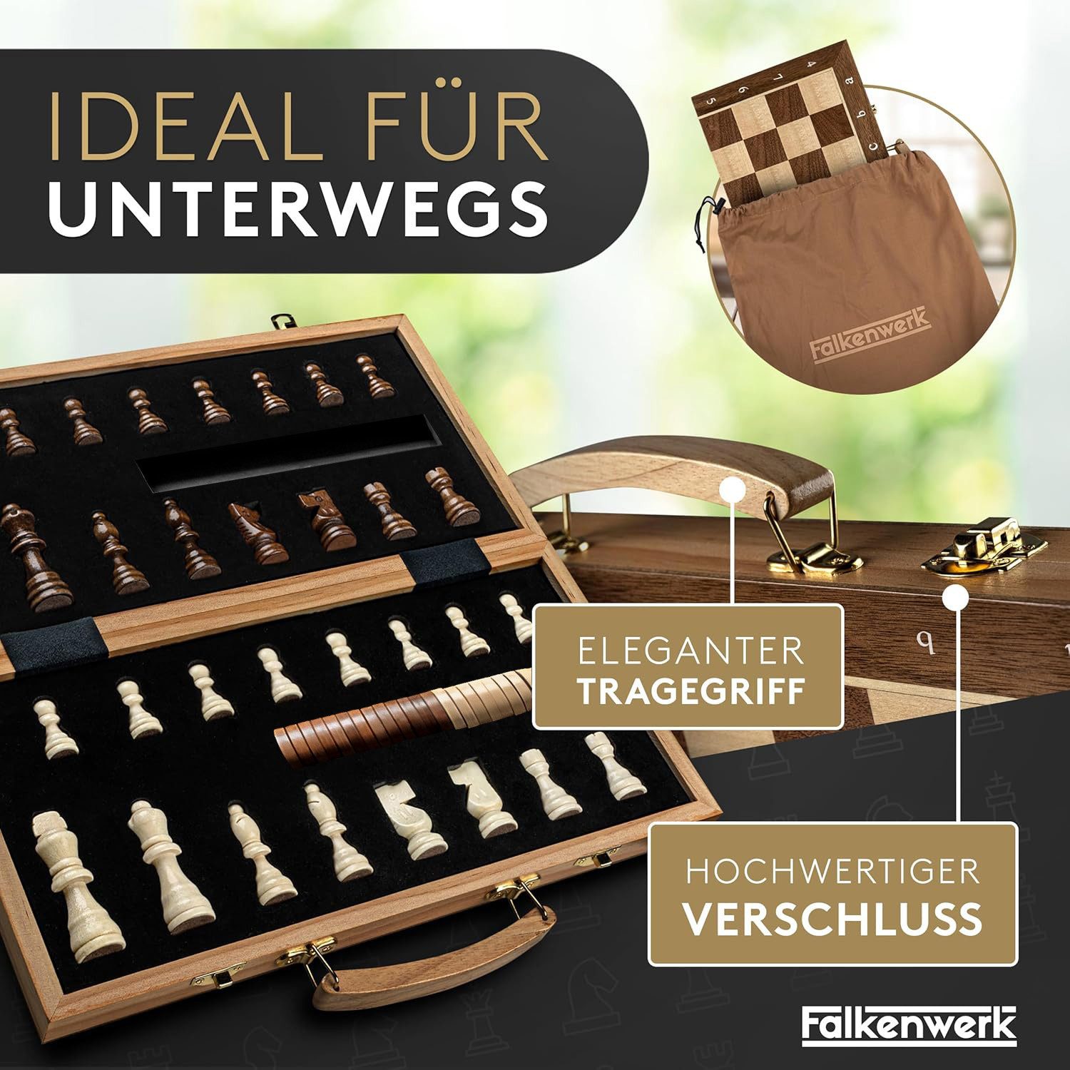 Falkenwerk Spiel magnetisches Schachspiel aus Holz [38x38 cm], Spielfiguren aus Echtholz mit Magnetfuß & Filz, Ratgeber & Tragetasche