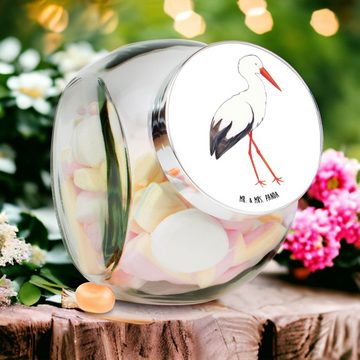 Mr. & Mrs. Panda Vorratsglas L 870ml Storch - Weiß - Geschenk, Teedose, Tiere, Schwanger, Tiermoti, Premium Glas, (1-tlg), Vielseitig einsetzbar