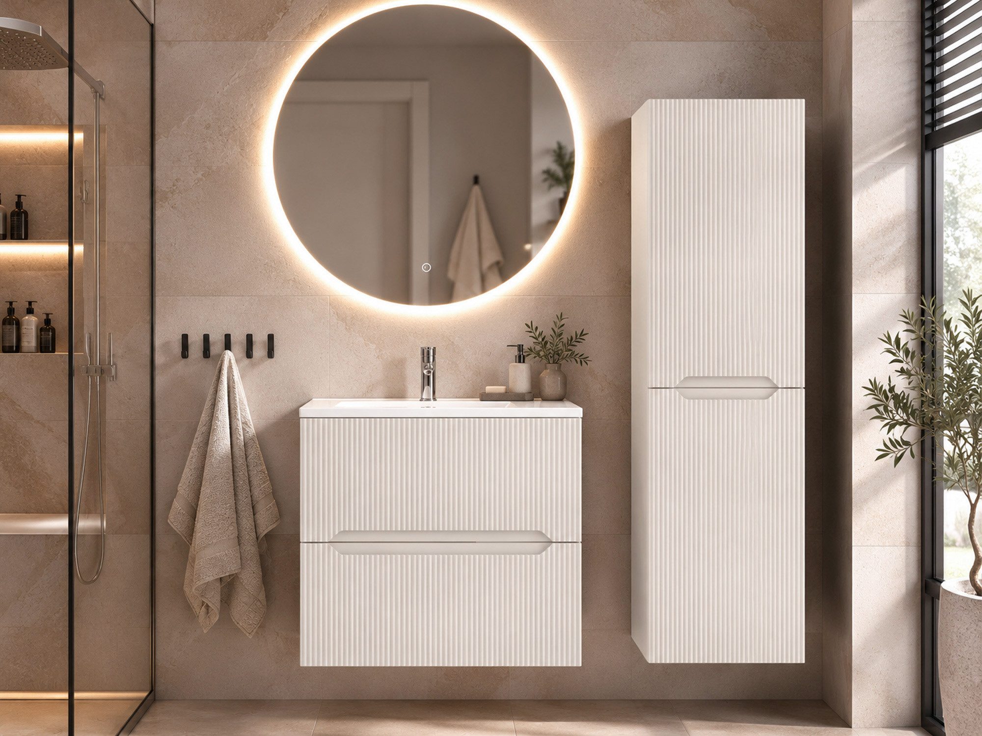 Beautysofa Badezimmer-Set NOLA 2-teilig mit Rillenfronten, (Bad-Hochschrank, Waschtischunterschrank 60/80 cm mit Waschbecken), Rillenfronten