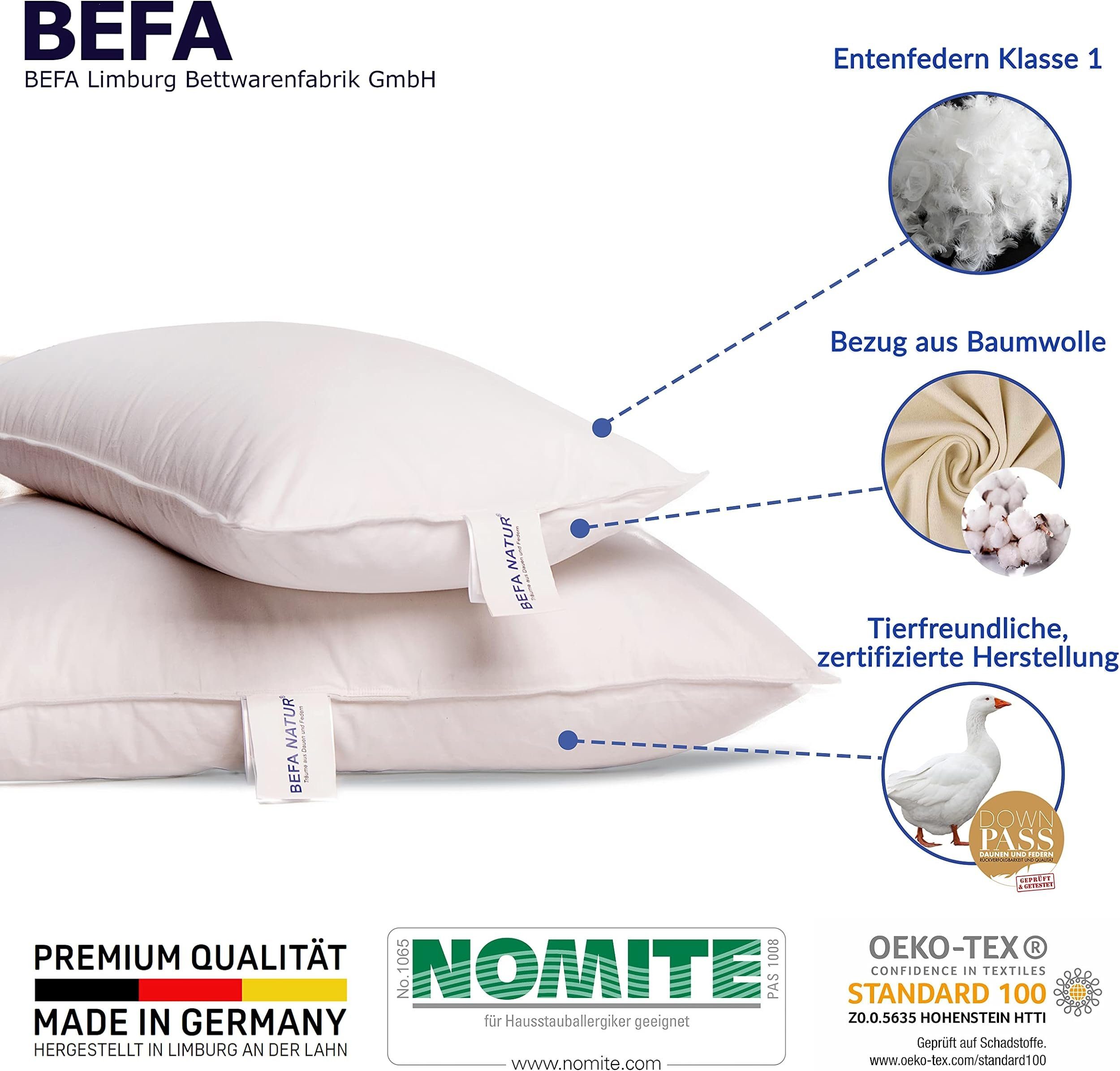 BEFA NATUR Federkopfkissen FETTES KISSEN – Federkissen 40 x 80 extra fest & voluminös 1500 g, Füllung: 100% neue Entenfedern, Seitenschläfer, Rückenschläfer, Bauchschläfer, Spar-Set, 1 oder 2 tlg., Premium Kopfkissen 40 x 80 mit 100 % Entenfedern – Made in Germany