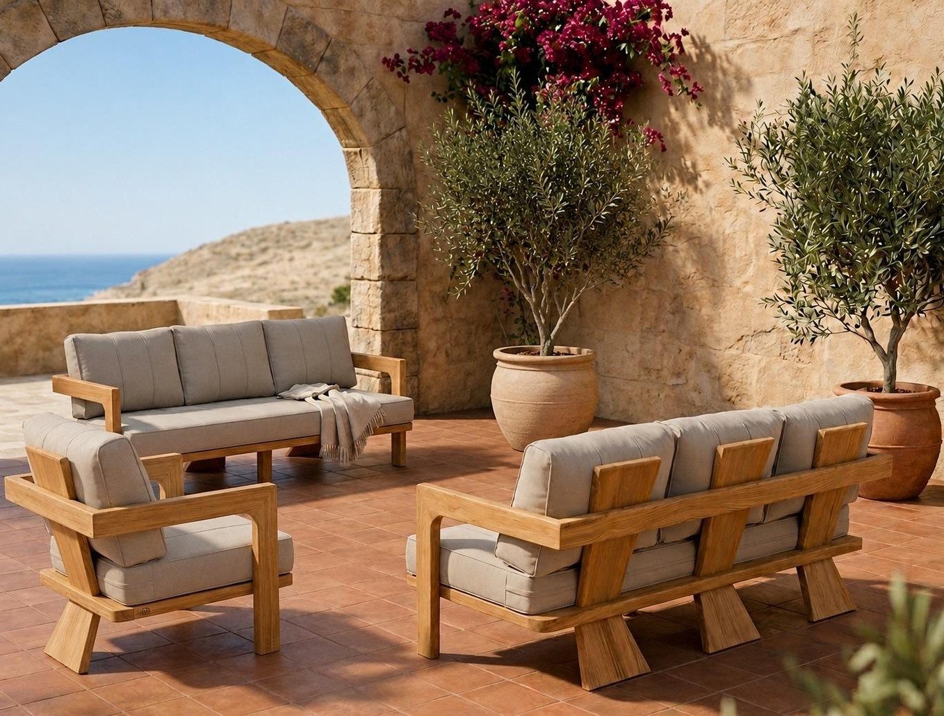Xlmoebel Gartensofa Gartenlounge Set 3-Sitzer Sofa Sessel Beige Kissen Modern Neu, 3 Teile, Modernes Design, für Terrasse/Balkon geeignet