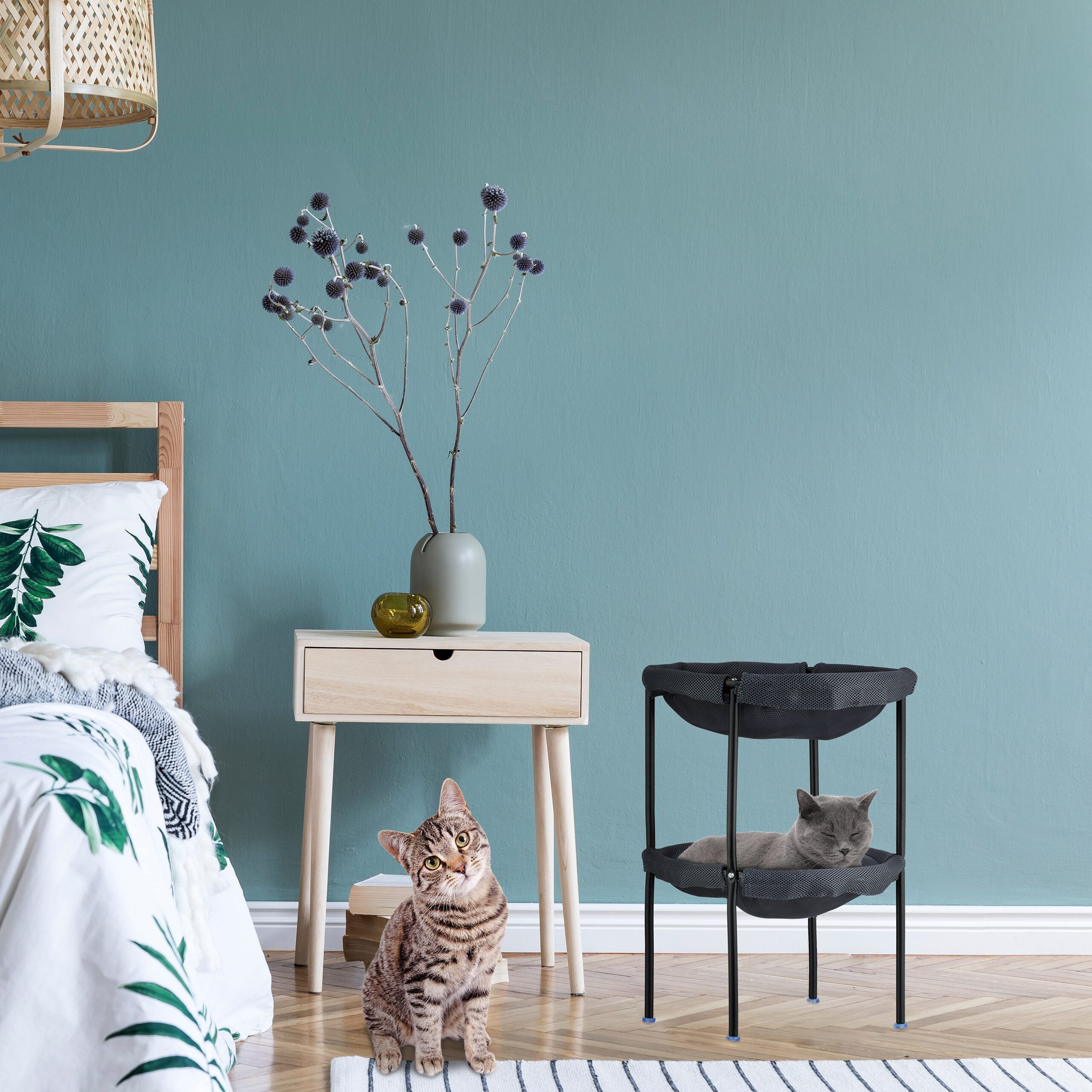 relaxdays Katzen-Hängematte Stehende Katzenhängematte 2 Etagen, Polyester