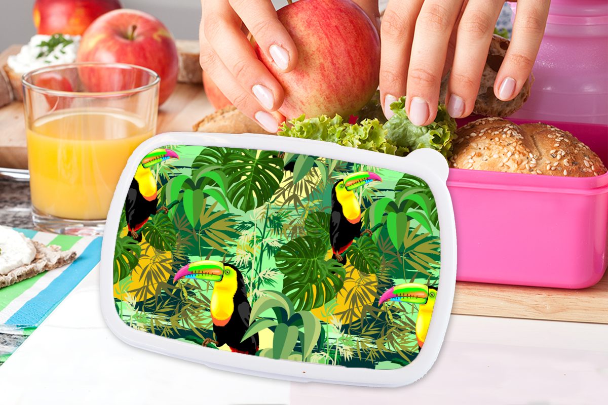 MuchoWow Lunchbox Vogel Mädchen, Brotbox Kunststoff, für Snackbox, Kunststoff Brotdose Muster (2-tlg), Kinder, - - Dschungel, Erwachsene, rosa