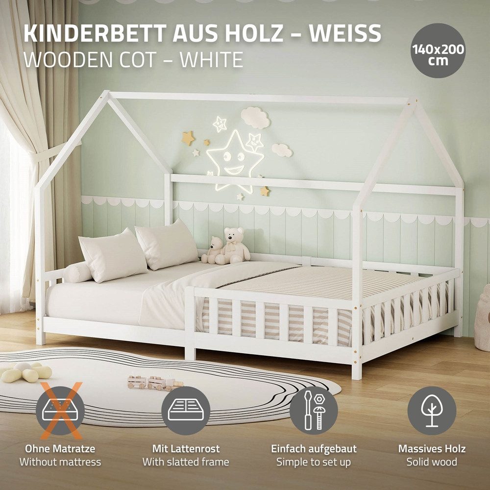 ML-DESIGN Spielbett Hausbett Kinderbett inkl. Lattenrost kreativ Bodenbett für Kinder, Abenteuerbett zum Spielen mit Rausfallschutz Kiefer Weiß Himmelbett