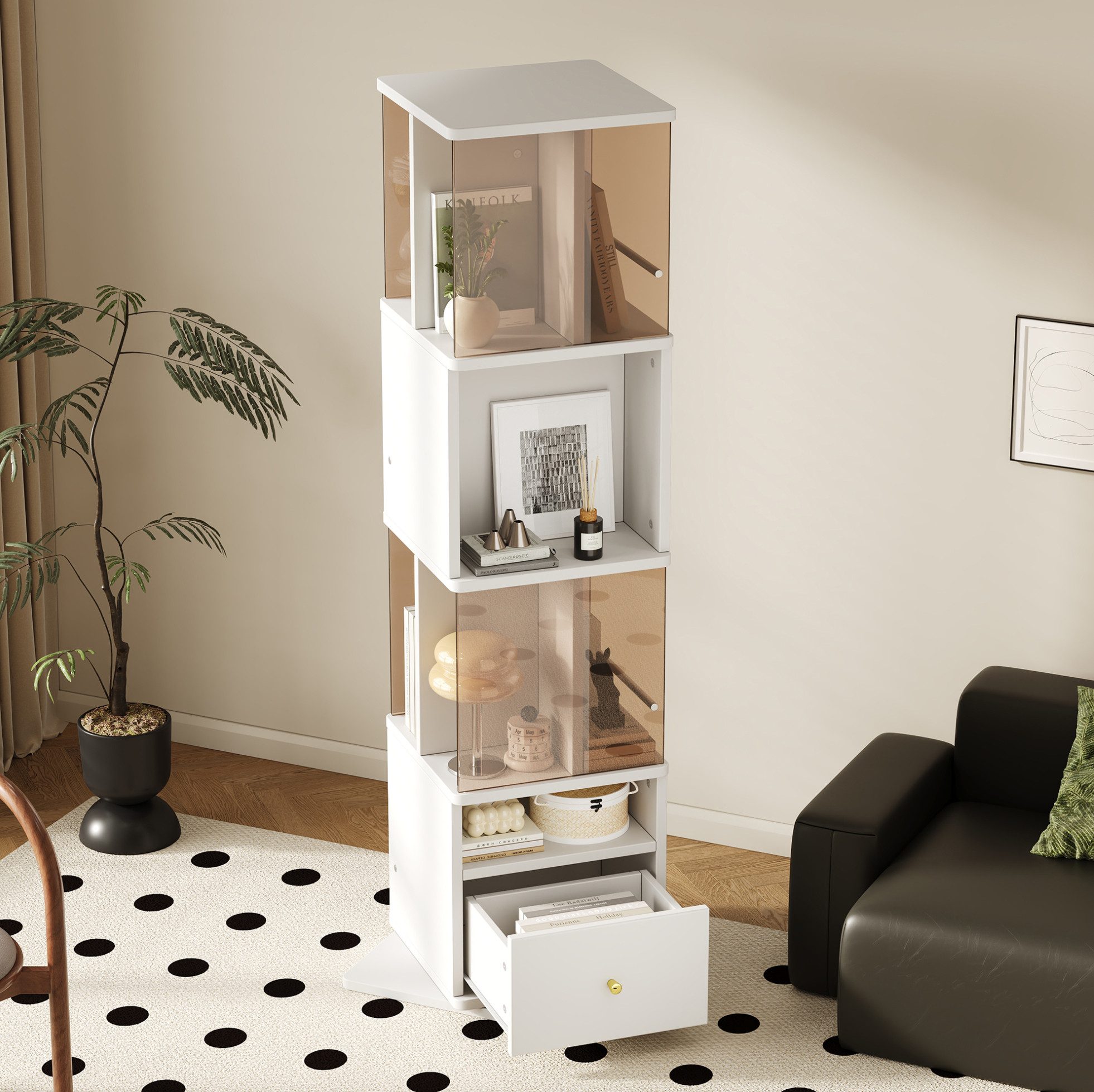 OKWISH Standvitrine Ausstellungsschrank, Vitrine (360° Drehbare, 50 x 50 x 160 cm mit gehärteten Glastüren, MDF-Melaminoberfläche, Drehteller und Schublade, moderner Vitrinenschrank mit goldenen Griffen)