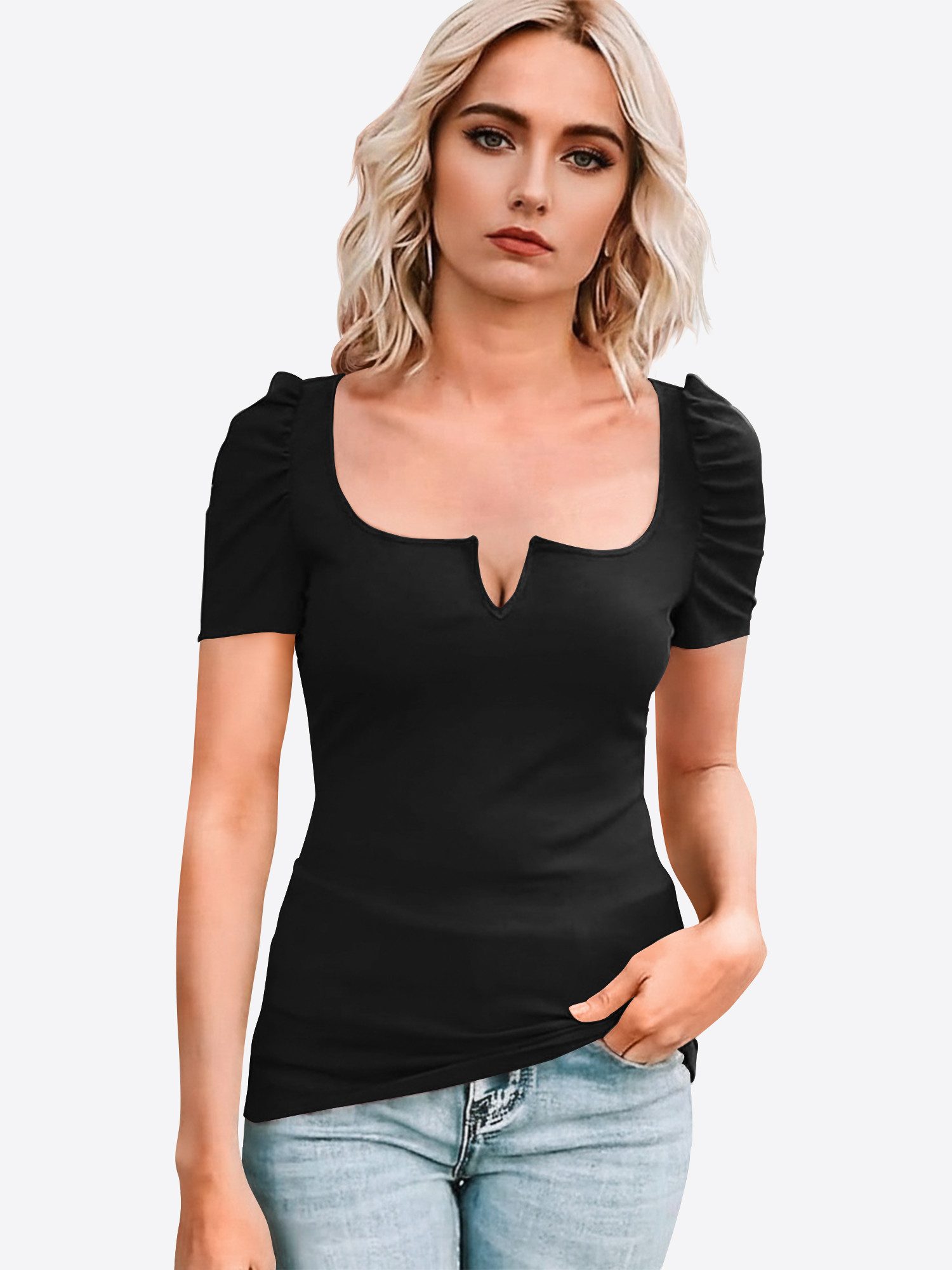 Imily Bela T-Shirt Damen Geripptes mit Puffärmeln Quadratischer Kragen und V-Notch (Packung, 1-tlg., 1per-Pack) in Unifarbe