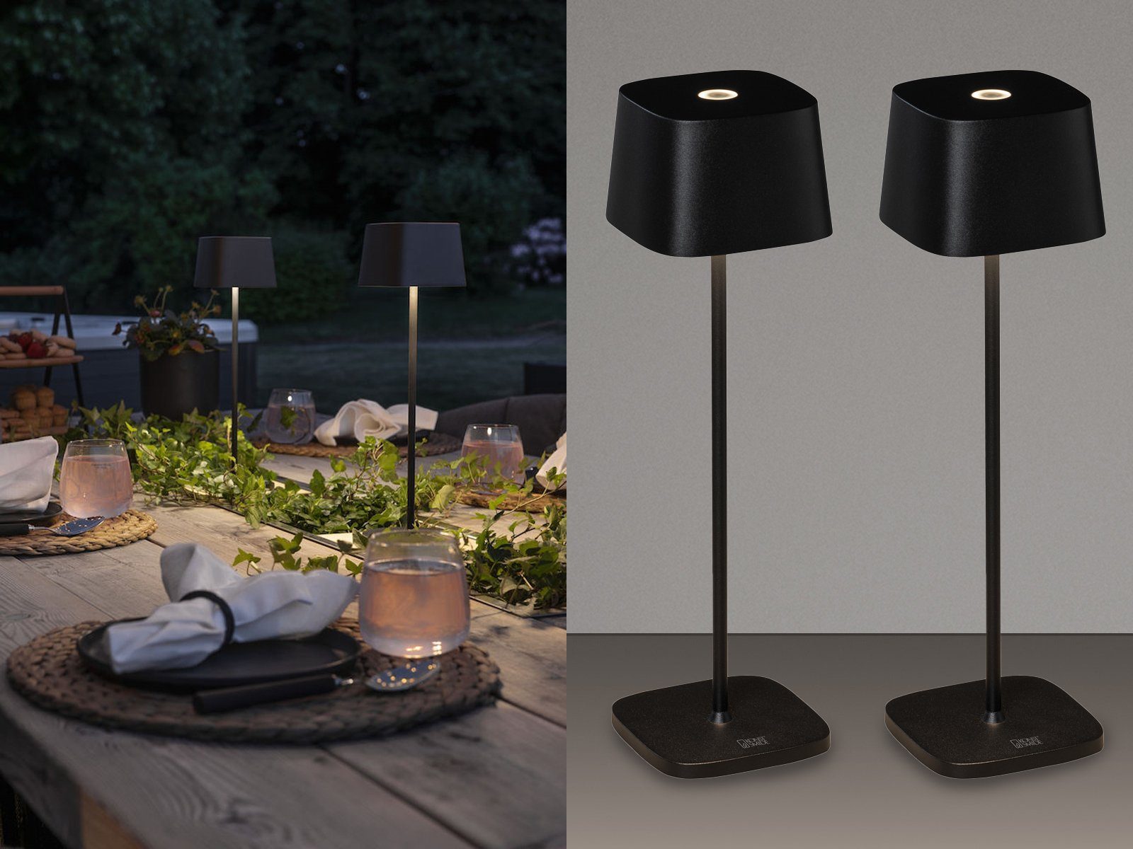 KONSTSMIDE LED Außen-Tischleuchte, USB-Ladefunktion, LED fest integriert, warmweiß, 2erSet USB aufladbar kleine Outdoor Akku kabel-los & ohne Strom H 25cm