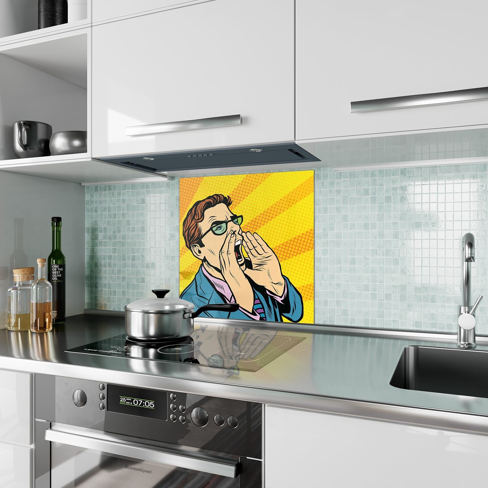 Küchenrückwand Primedeco Spritzschutz Küchenrückwand Motiv mit Glas Mann Schreiender