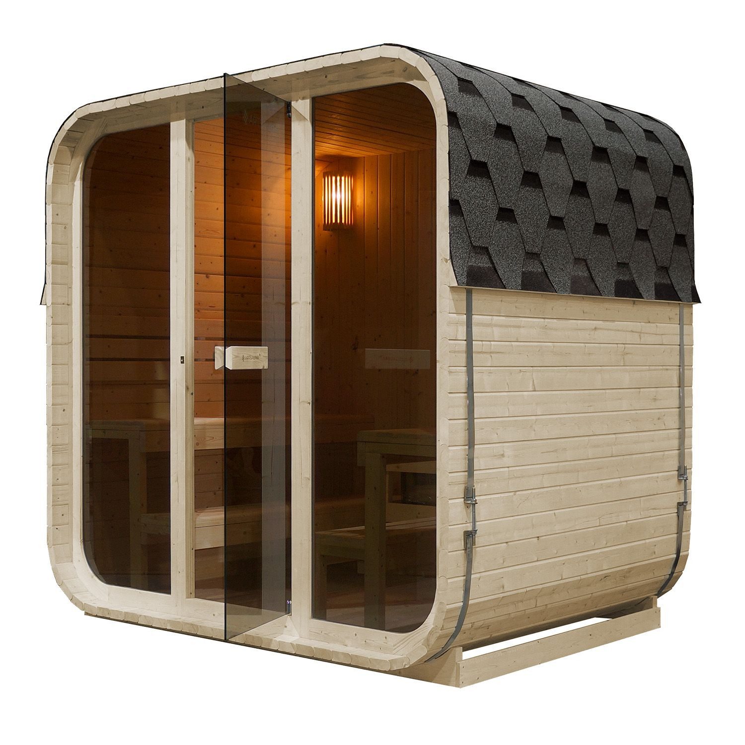 Artsauna Fasssauna Fjora, 38 mm, Fichte, 9 kW Ofen bis 100 °C, Glasfront, bis 6 Personen, Zubehör-Set