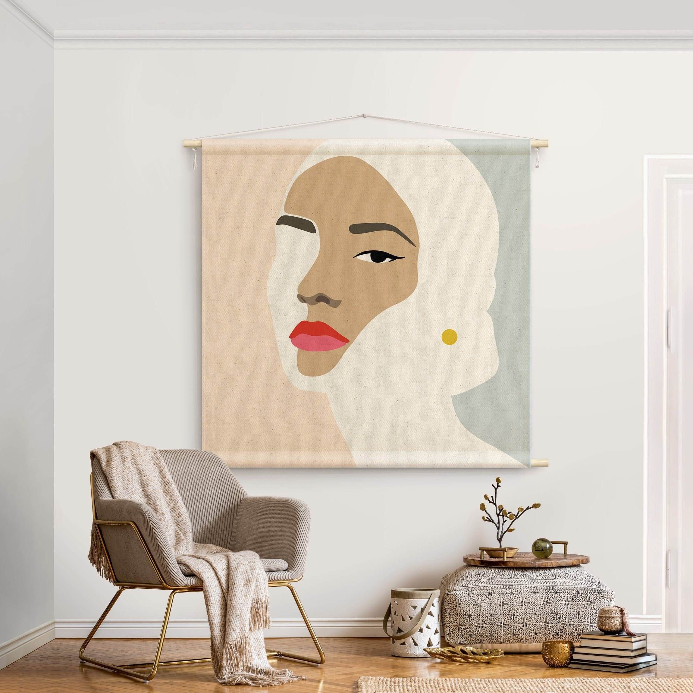 Bilderdepot24 Wandteppich modern Abstrakt Line Art Portrait Frau Pastell Grau beige, quadratisch, Höhe: 2.6 mm, großes Wandbild aus Natur-Baumwolle Wandbehang Stoffbild Tuch Wollseil