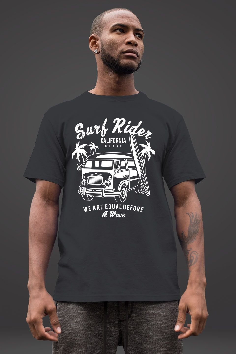 Neverless Print-Shirt Herren T-Shirt Slim Print Fit schwarz Surfing mit Neverless® Retro Bus